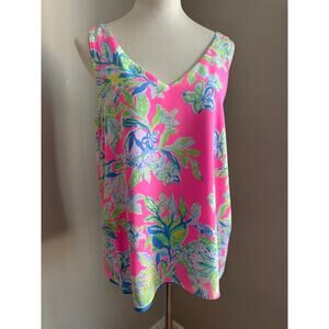 Lilly Pulitzer Reversible Tank Top Pink Floral & Blue Est Sz M Coastal Tropical